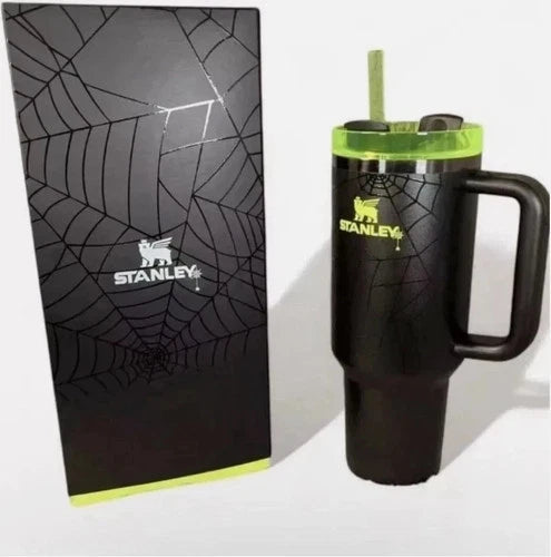 Stanley Spider Web Edition Quencher Tumbler with Handle & Straw – Black/Neon Green 40oz